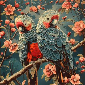 parrots  branch  flowers  chromolithography  nature  vivid  color  birds  perched  composition 1056481