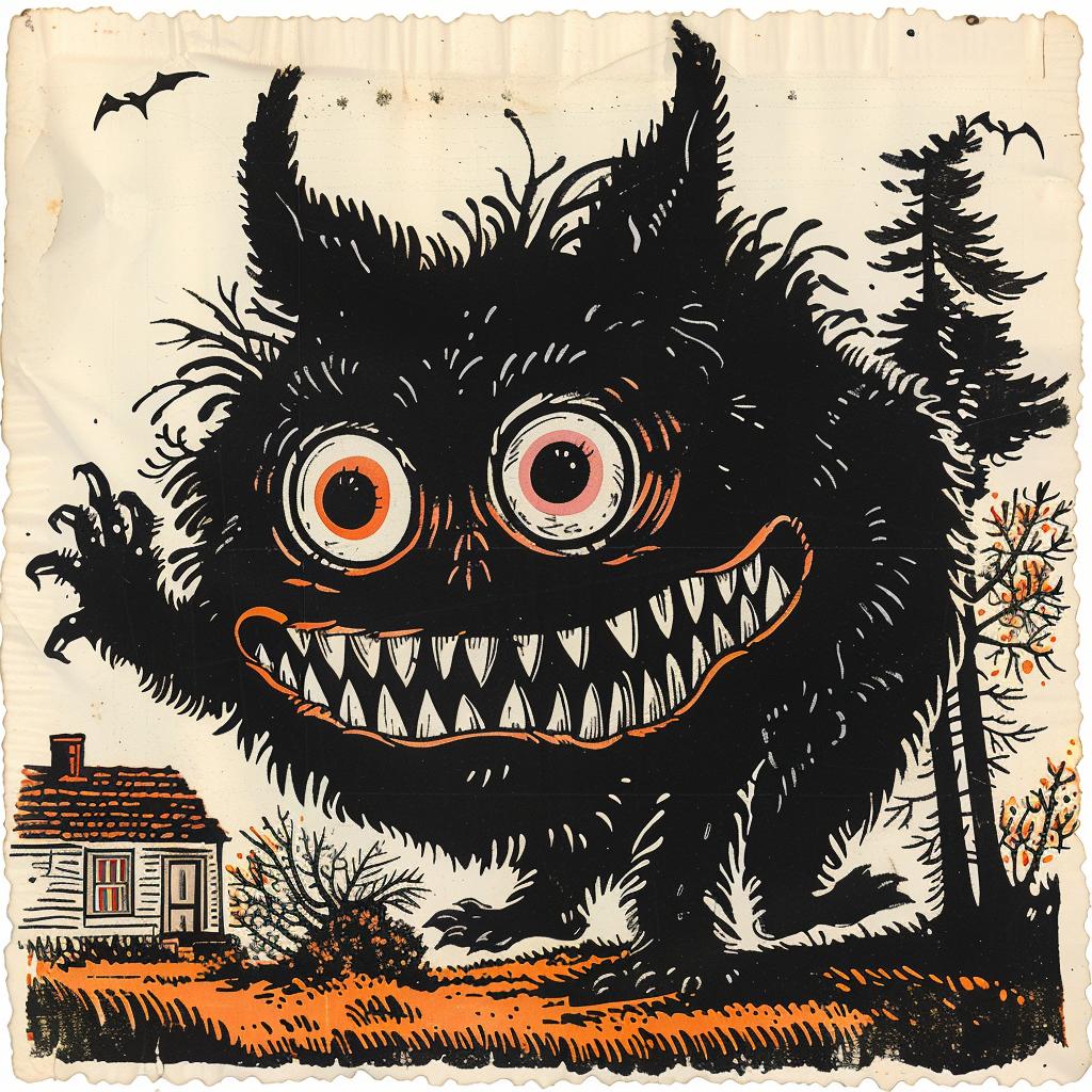 monster  black  orange  big  eyes  house  illustration  whimsical  spiritual  art 930231