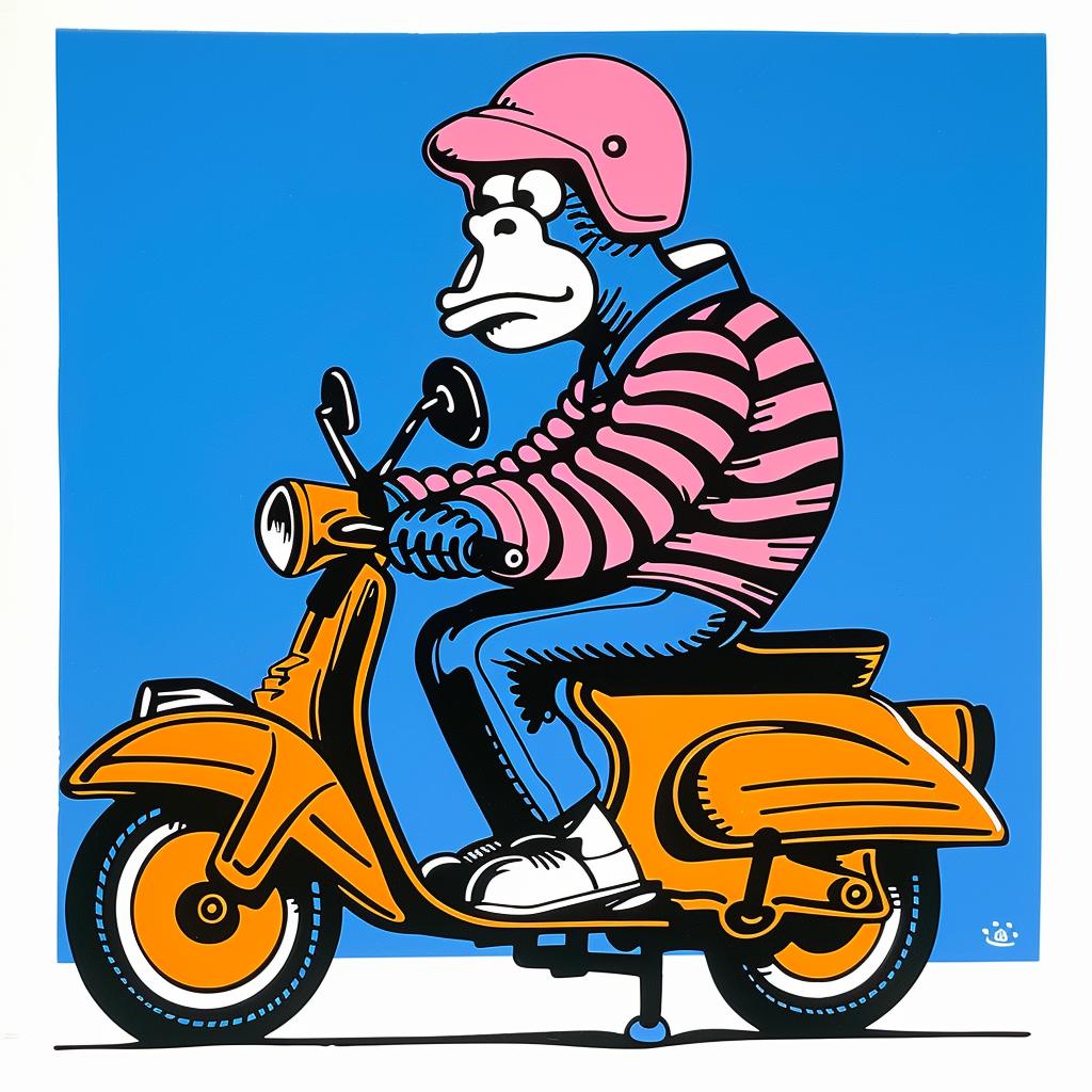 chimp  moped  scooter  pink  helmet  cartoon  playful  fun  whimsical  cute 1022148