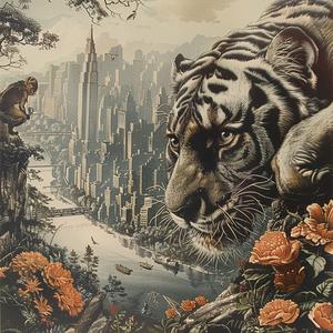 tiger  monkey  city  chromolithography  illustration  urban  wildlife  artwork  color  dynamic 1057392