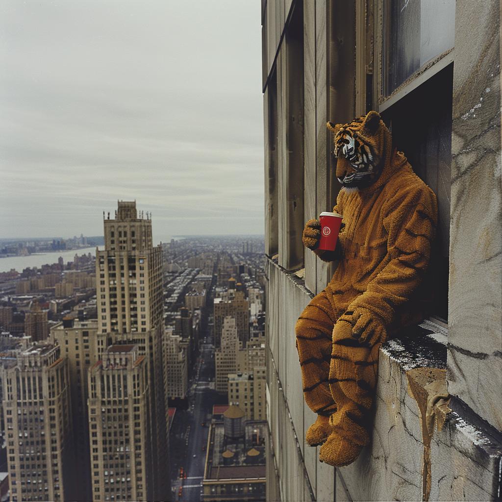 surreal  collage  NYC  man  tiger  costume  break  coffee  humorous  abstract 970189