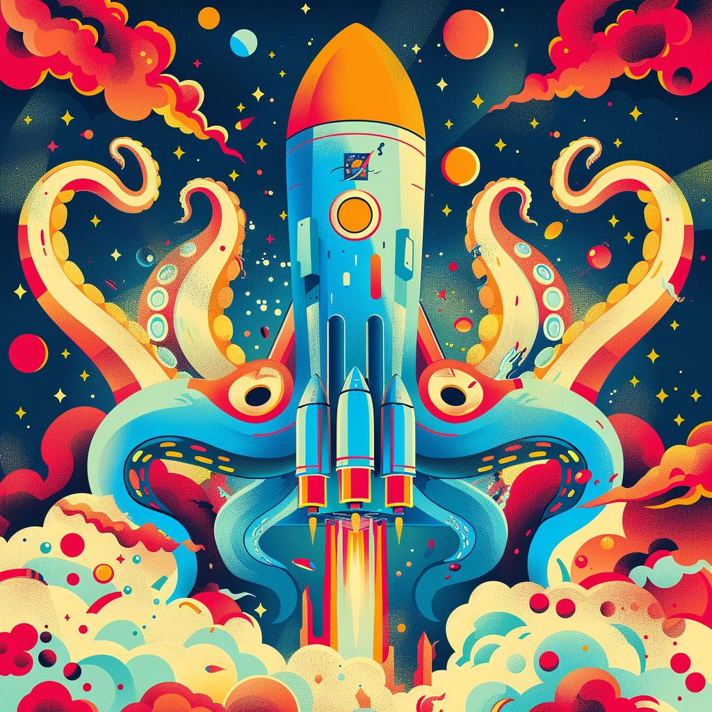 graphic  illustration  octopus  rocket  explosion  colorful  fantasy  vibrant  whimsical  surreal 1018188