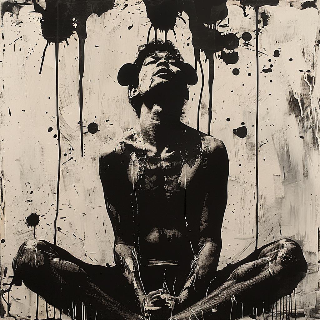 surreal  hyper-realistic  screenprinting  encaustic  man  black  white  contemplative  vivid  central 960013