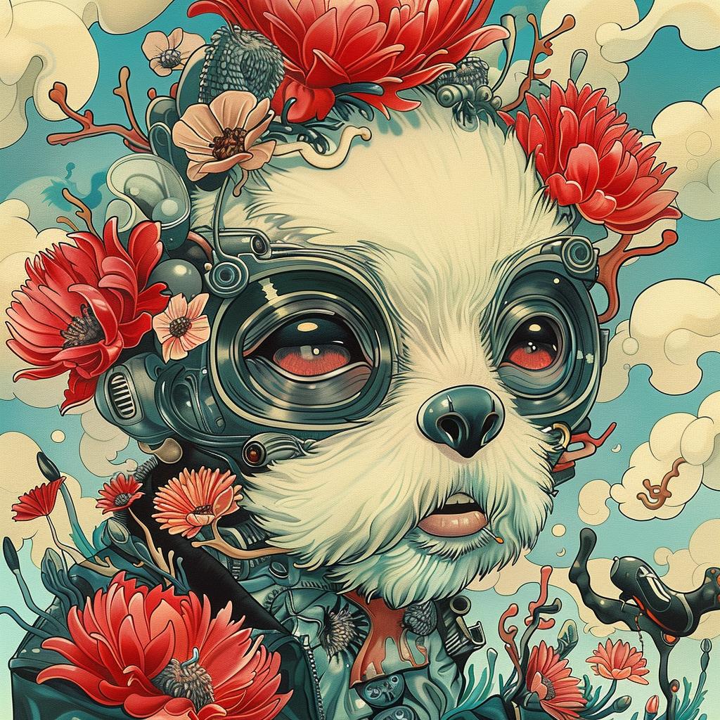 dog  flowers  goggles  painting  colorful  whimsical  nature  cute  pet  character 1028452