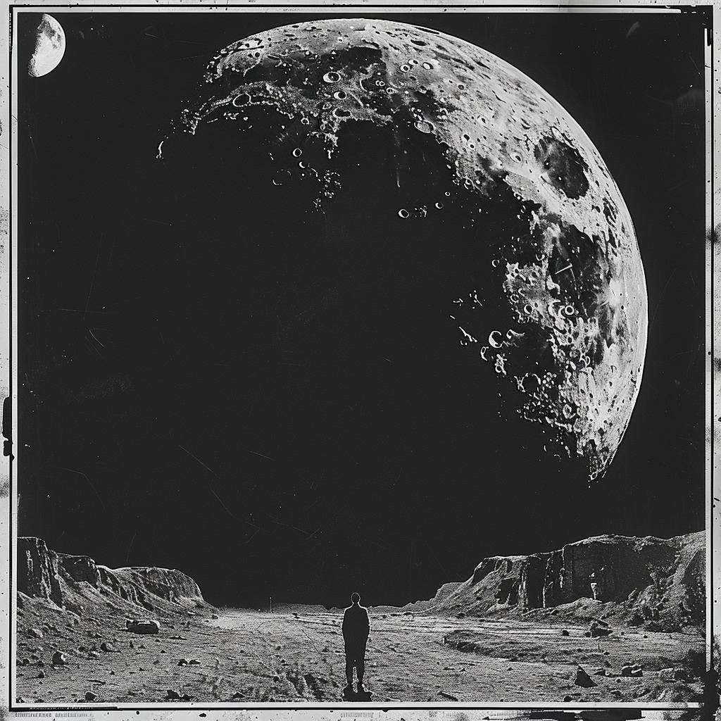 album  cover  surreal  hyper-realistic  screenprinting  moon  man  standing  night  art 960624