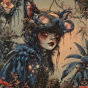 chromolithography  woman  goggles  cat  art  colorful  painting  style  cute  illustration 1048984