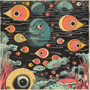 surreal  fish  sea  creatures  album  cover  symbolism  hyper-realistic  screenprint  risograph 1078455