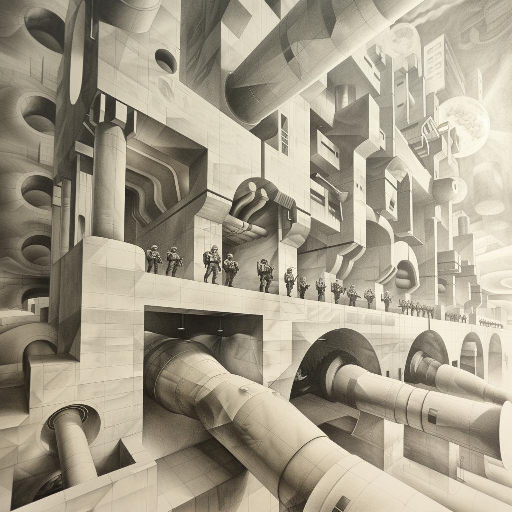 رسم أنابيب مدينة مستقبلية، جنود، أبراج عسكرية، ناطحات سحاب، هياكل، صورة ظلية 944692