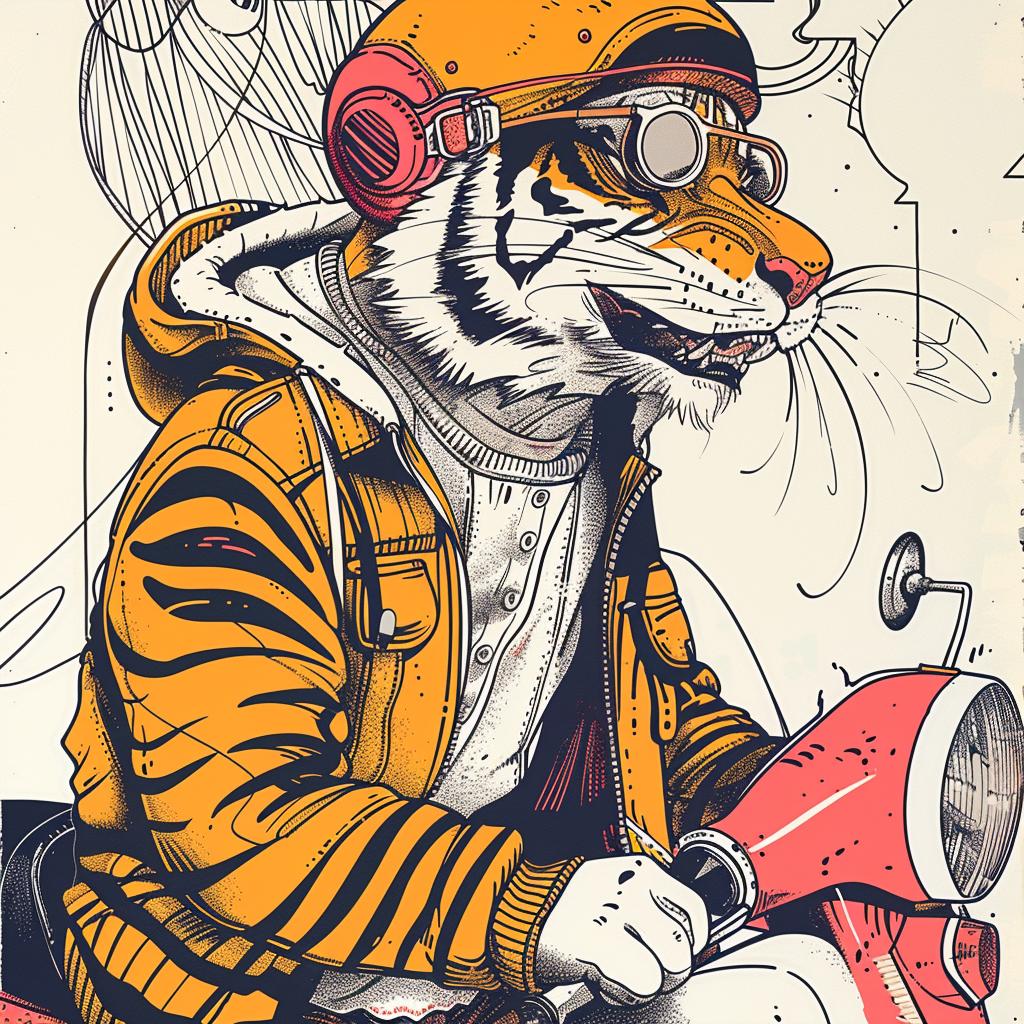 Tiger  Moped  Happy  Whimsical  Adventure  Motorcycle  Helmet  Playful  Illustration  Colorful 938840