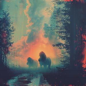 chromolithography  horses  forest  sunset  nature  vibrant  landscape  animals  serene  art 1053751