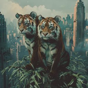 tigers  tree  city  background  wildlife  nature  chromolithography  art  sitting  landscape 1053649