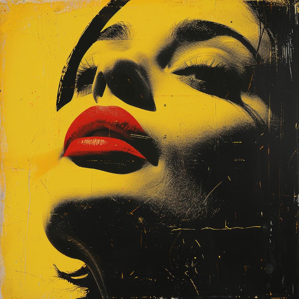 surreal  album  cover  hyper-realistic  screenprinting  Azzopardi  encaustic  woman  red  lips 959976