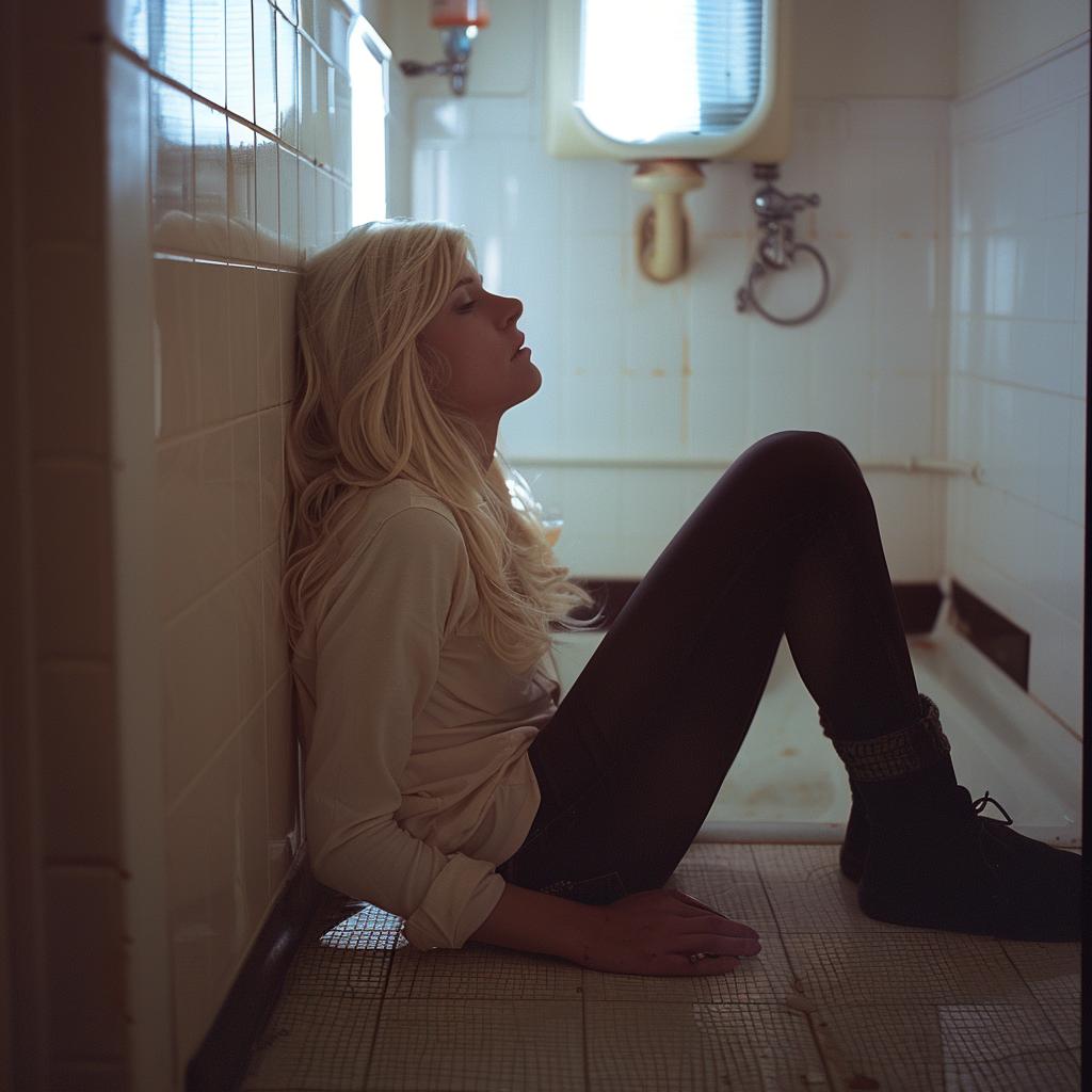 woman  bathroom  floor  evening  cinematic  Angénieux  Canon  full-frame  side-angle  relaxed 918069