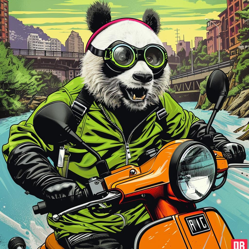 panda  moped  happy  goggles  cartoon  funny  animal  city  transport  playful 1027420