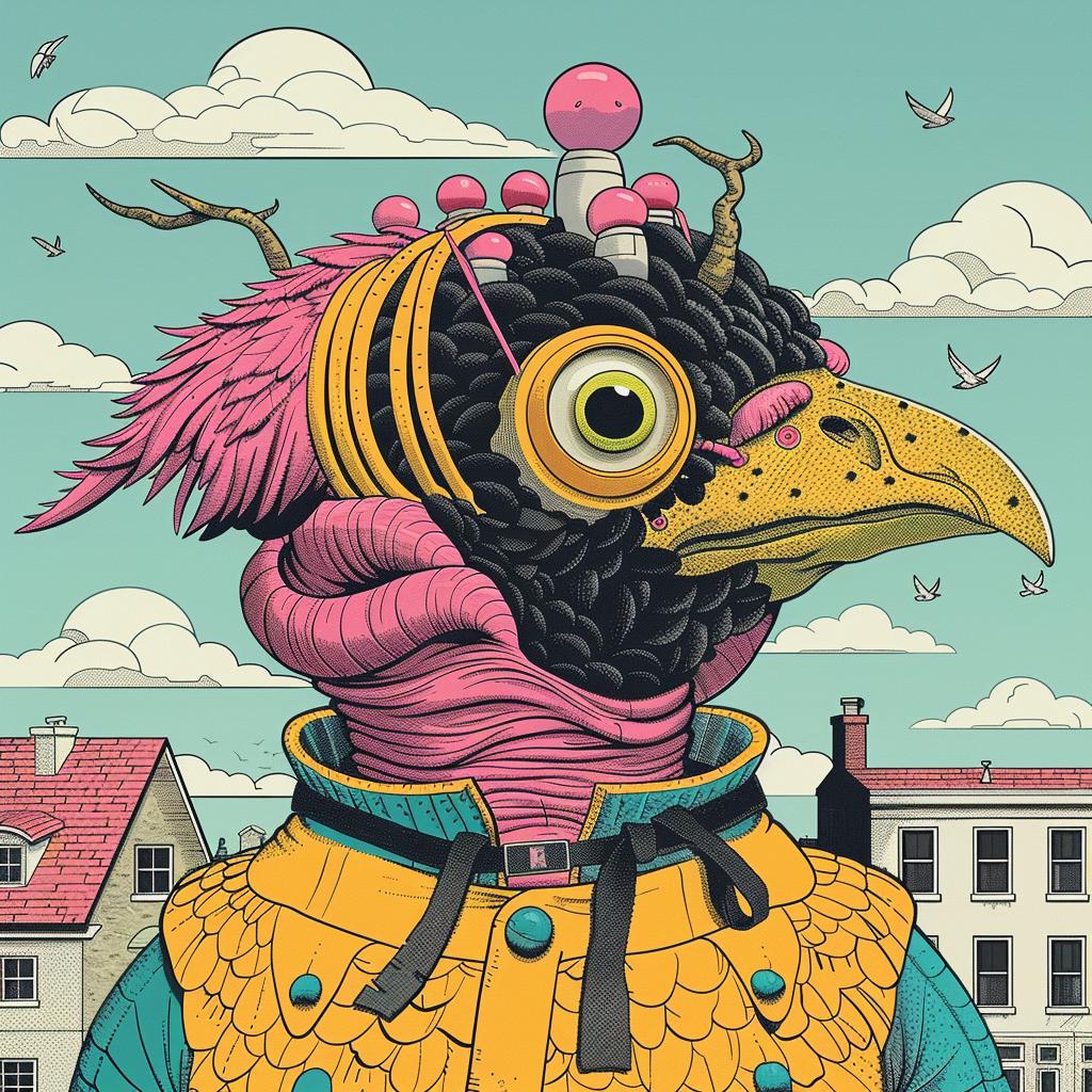 surreal  album  cover  bird  hat  stylish  art  whimsical  playful  character 924844