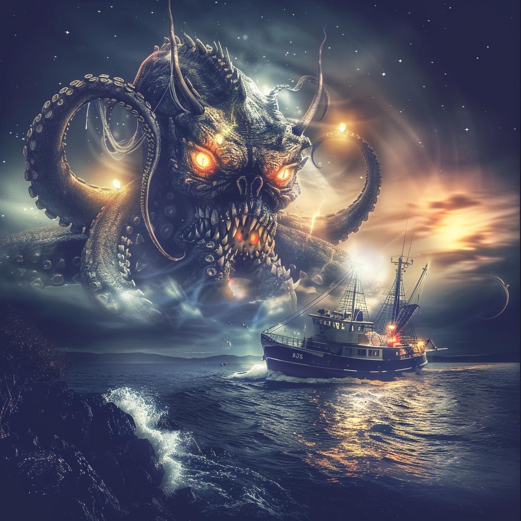 Kraken  fishing  boat  Saul  Bass  monster  deep  ocean  attack  illustration 1034398