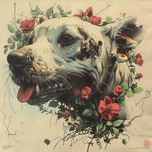 dog  flowers  chromolithography  painting  art  colorful  nature  figurative  floral  whimsical 1049650