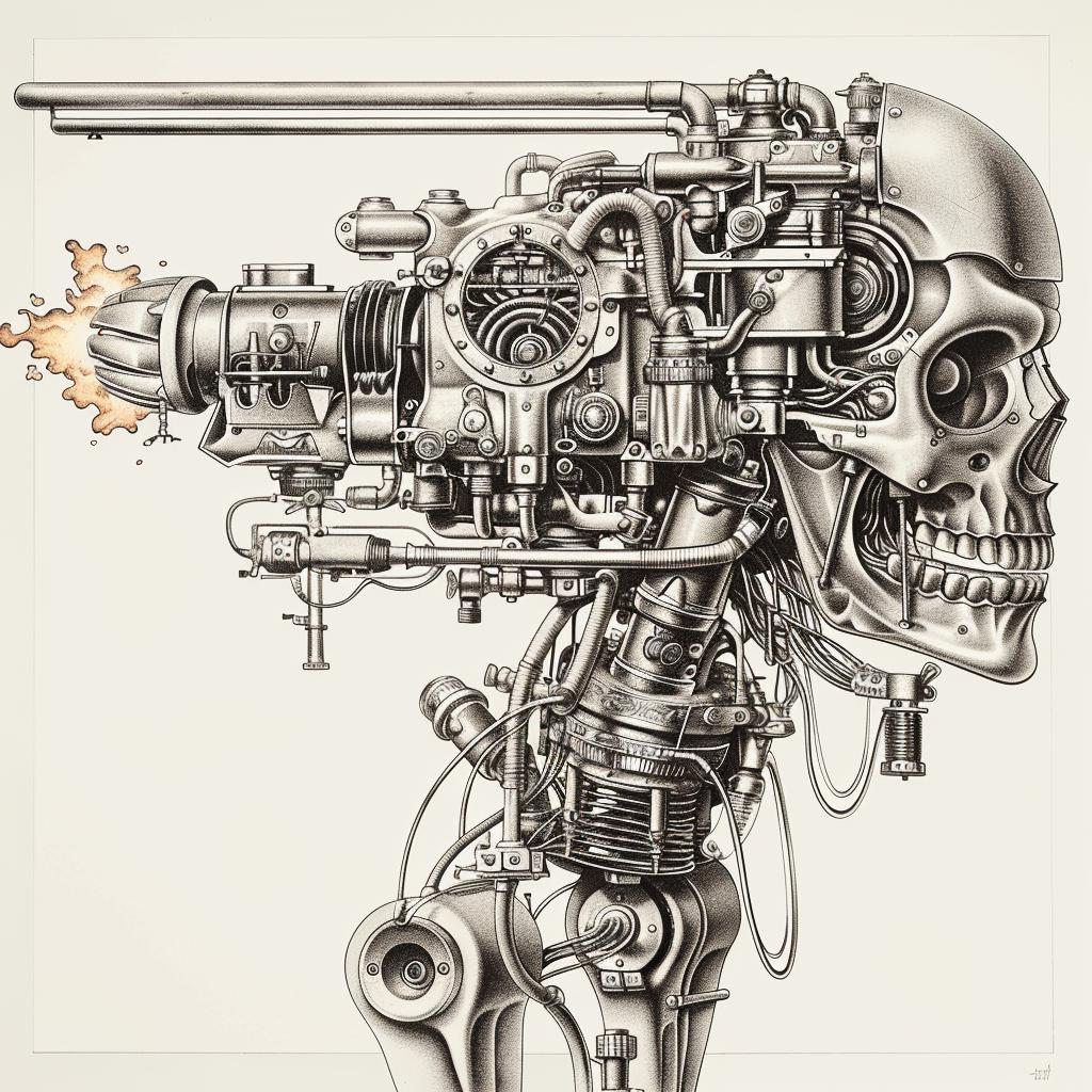 monster  robot  cyborg  flamethrower  drawing  skeleton  gun  art  white  background 944104