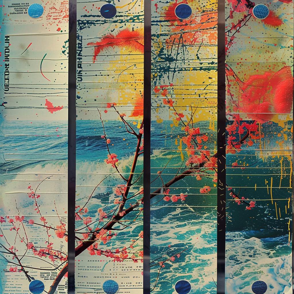 collage  peacock  feathers  waves  cherry  blossom  aurora  borealis  paintings  wall 1017033