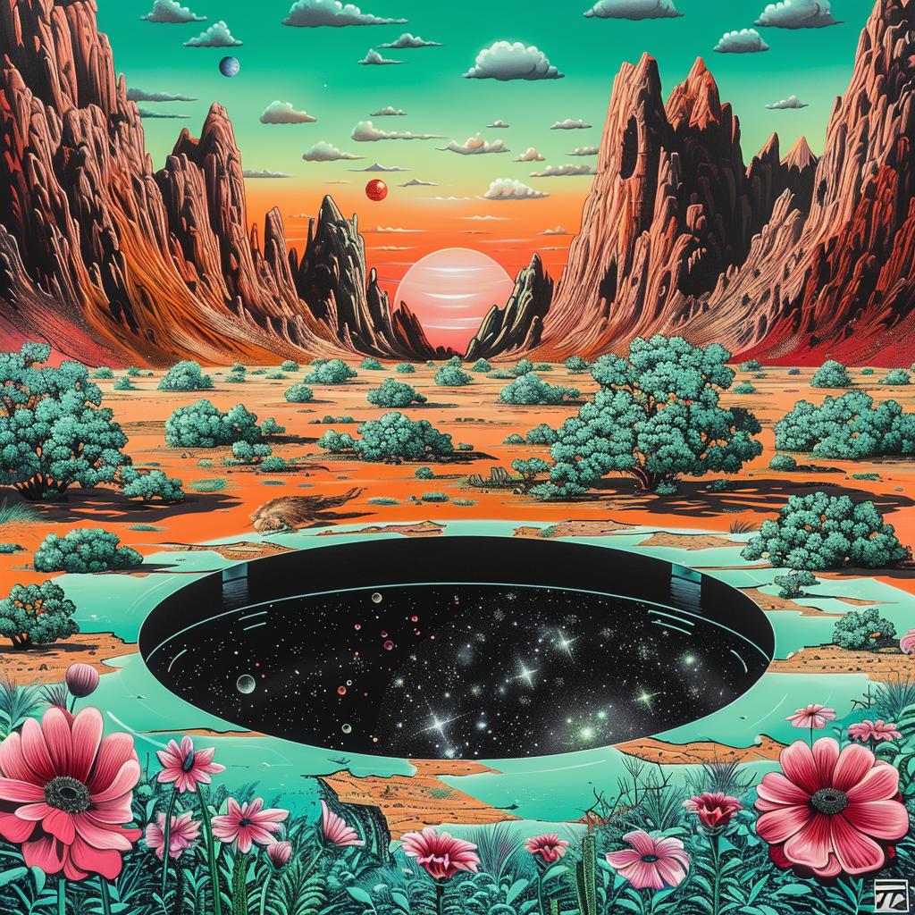 desert  landscape  flowers  hole  galaxy  sunrise  teal  orange  art  flowerpunk 945120