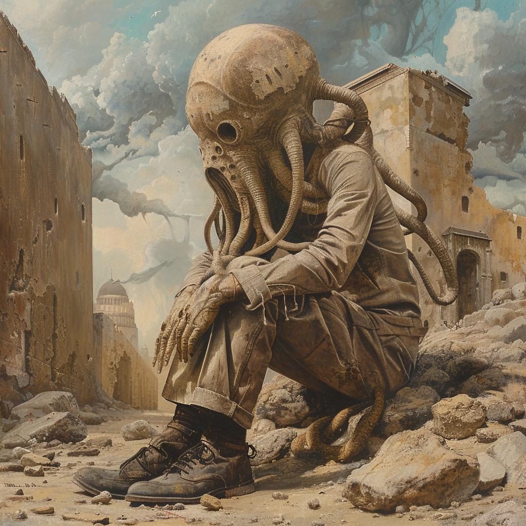 man  octopus  head  surreal  painting  ground  naturalistic  spiritual  terror  album 976069