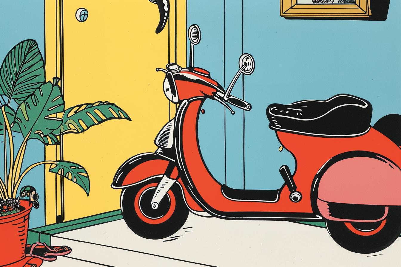 panda  scooter  room  moped  painting  interior  decor  doors  still life  domestic 938781