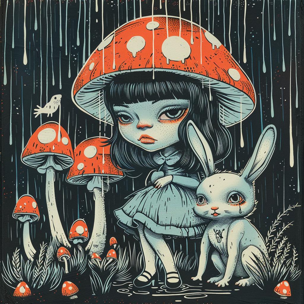 illustration  girl  mushrooms  rabbit  rain  nature  spiritual  dark  whimsical  fantasy 924748