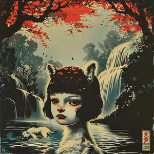 cat  waterfall  chromolithography  nature  poster  whimsical  colorful  landscape  animals  vibrant 1039672