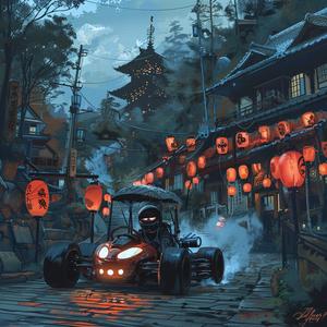 go-kart  yokai  haunted  street  lanterns  painting  night  car  Japanese  scene 1077956