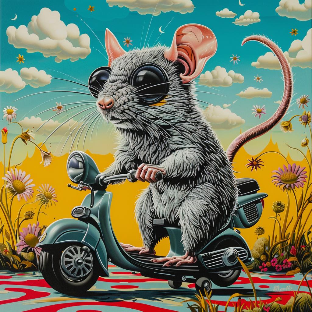 mouse  moped  scooter  whimsical  white  background  painting  animal  humor  illustration 1028392