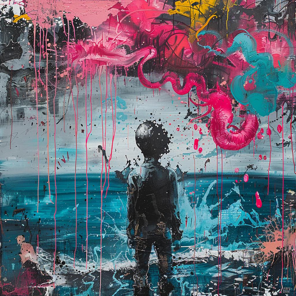 surreal  album  cover  seascape  hyper-realistic  screenprinting  man  beach  clouds  colors 959914