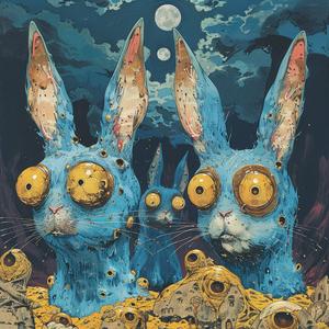 attack  three-eyed  rabbit  ominous  occult  Surrealism  Art Nouveau  pointillism  gold  teal 1077024
