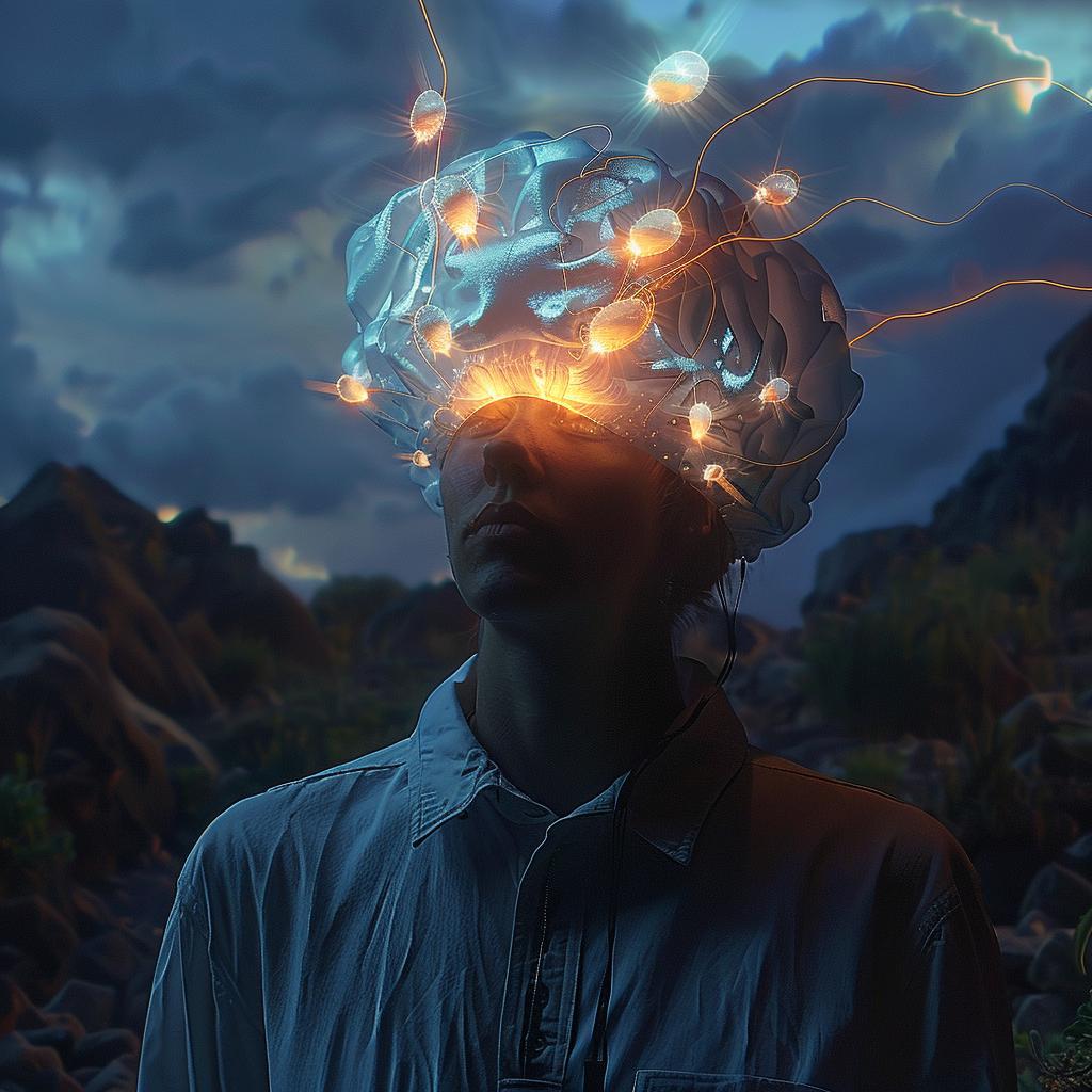 man  glowing  lights  head  surreal  cosmic  ethereal  bright  vibrant  dreamlike 1016635