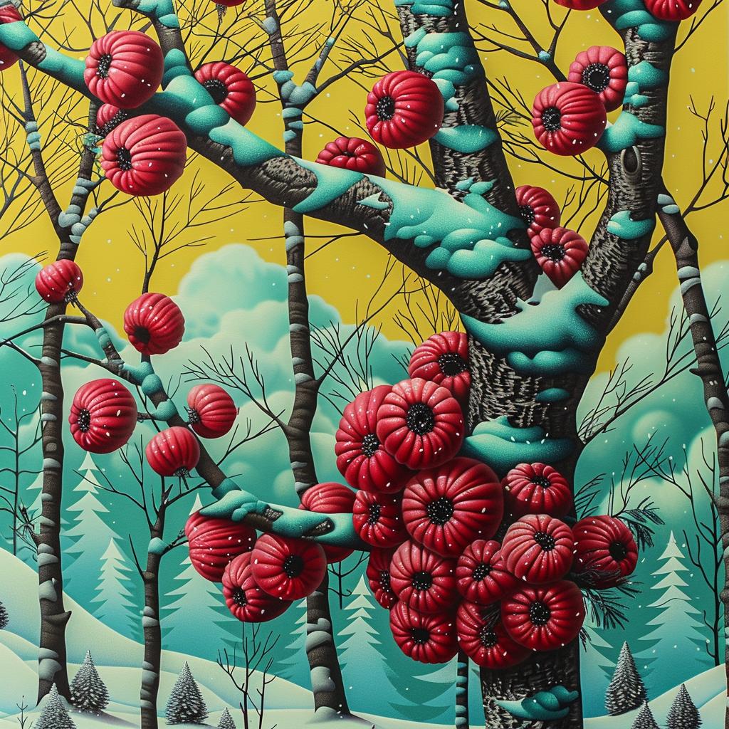 forest  winter  animated  vibrant  illustration  red  snow  apple  nature  colorful 945185