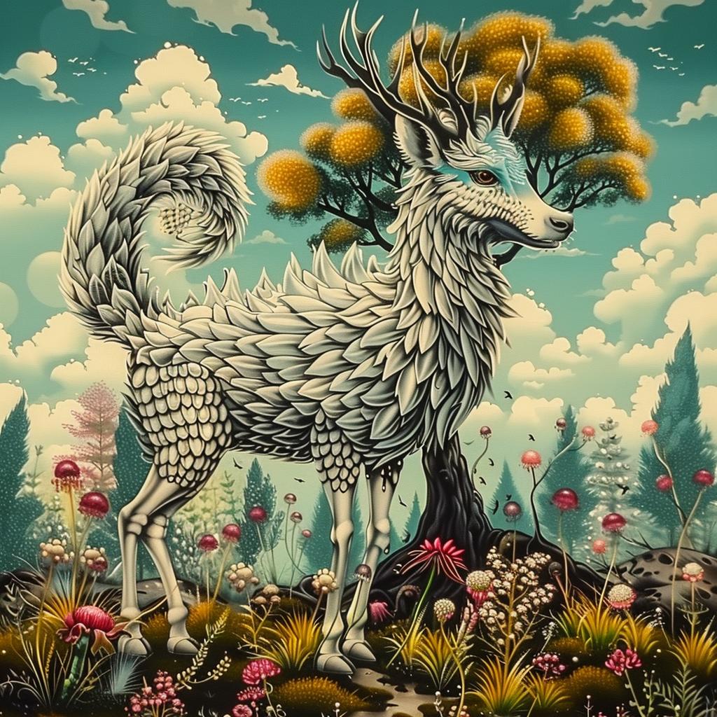 mythical  creature  deer  flowers  trees  fantasy  nature  painting  serene  exploration 941385
