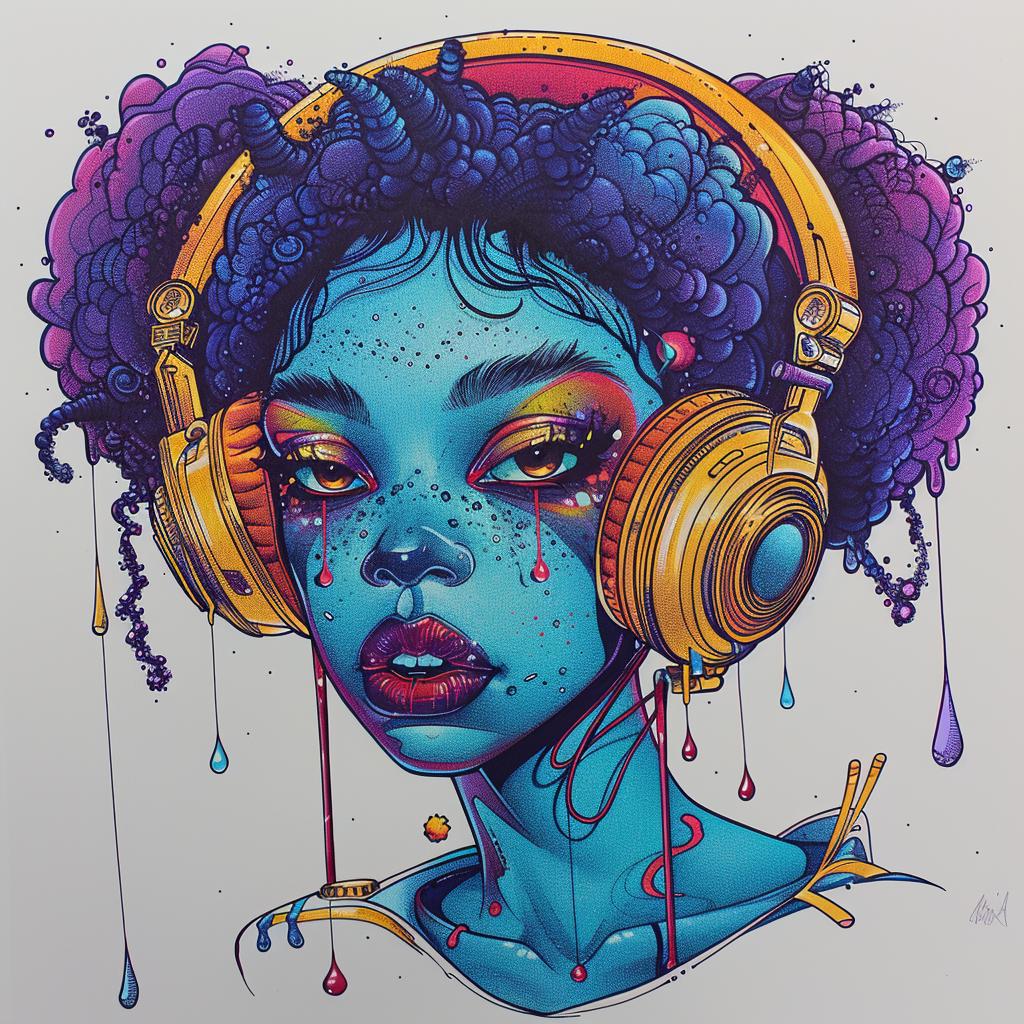 Pop  Art  DJ  afro  headphones  makeup  dripping  woman  drawing  portrait 939149