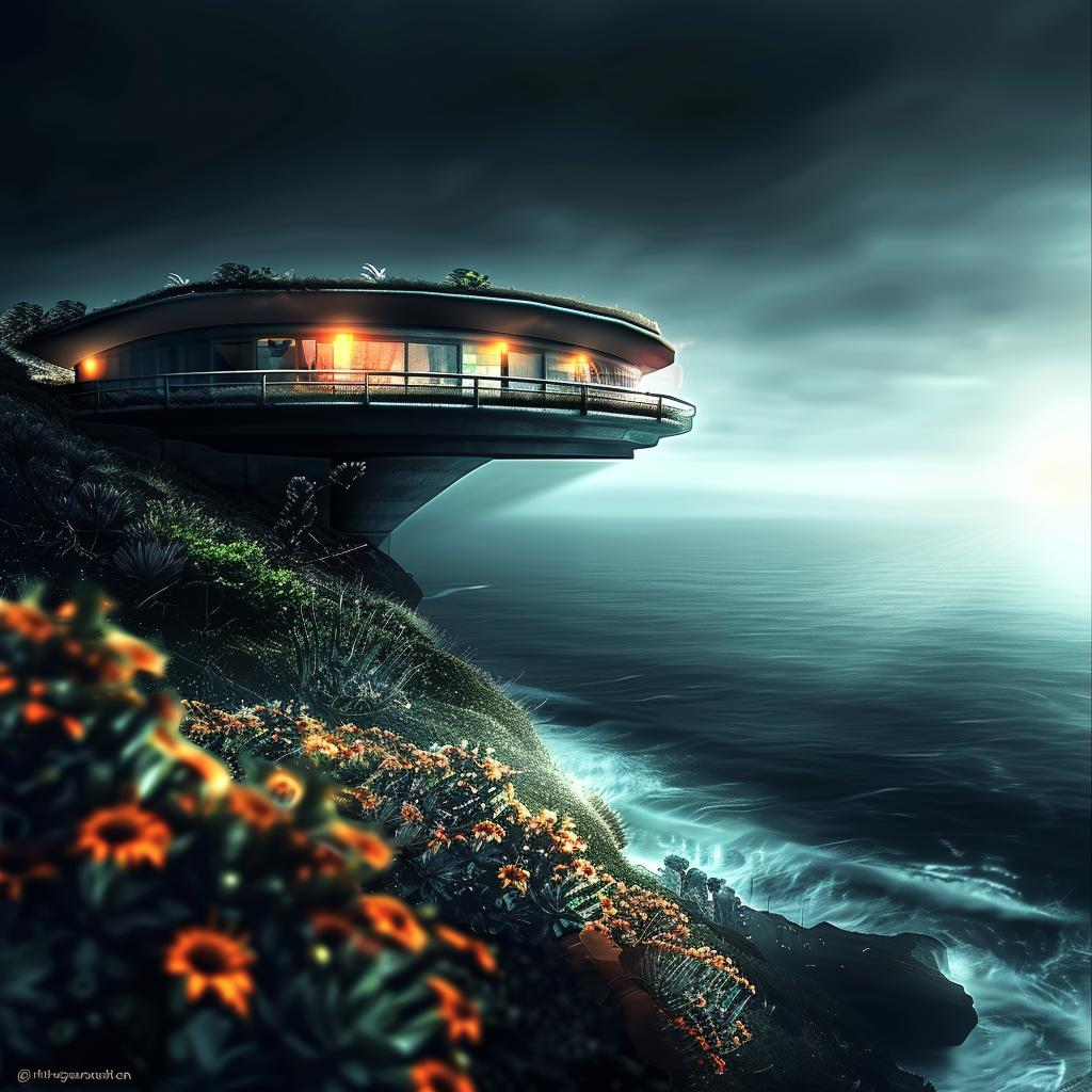 home  ocean  cliff  flowers  black  white  color  Frank  Lloyd  Wright 1034096