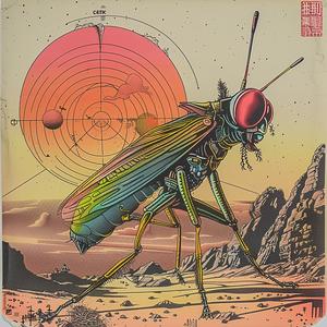 surreal  album  cover  grasshopper  Tsukioka  Yoshitoshi  Risograph  symbolist  screenprinting  hyper-realistic 1037004