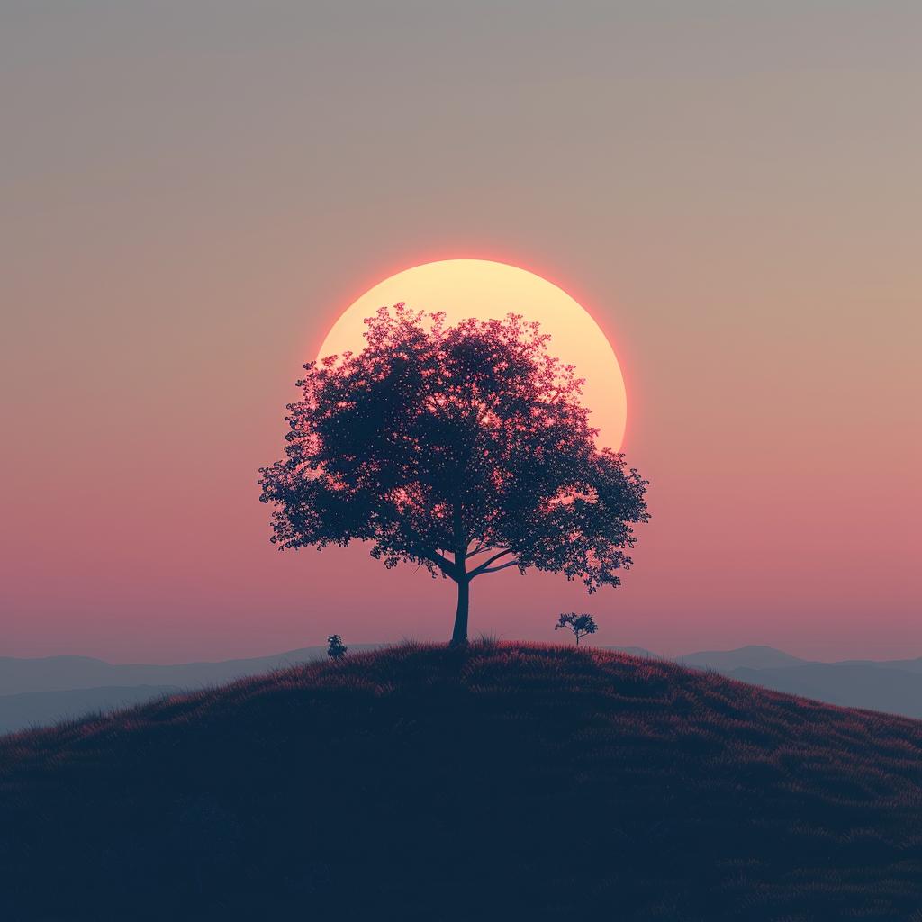 tree  hill  sunset  painting  landscape  serene  minimalist  silhouette  natural  tranquil 960825