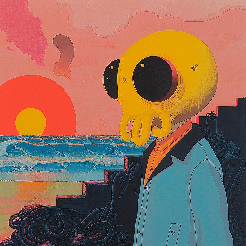 surreal  octopus  head  sunglasses  man  painting  creative  album  cover  Joan 1018422