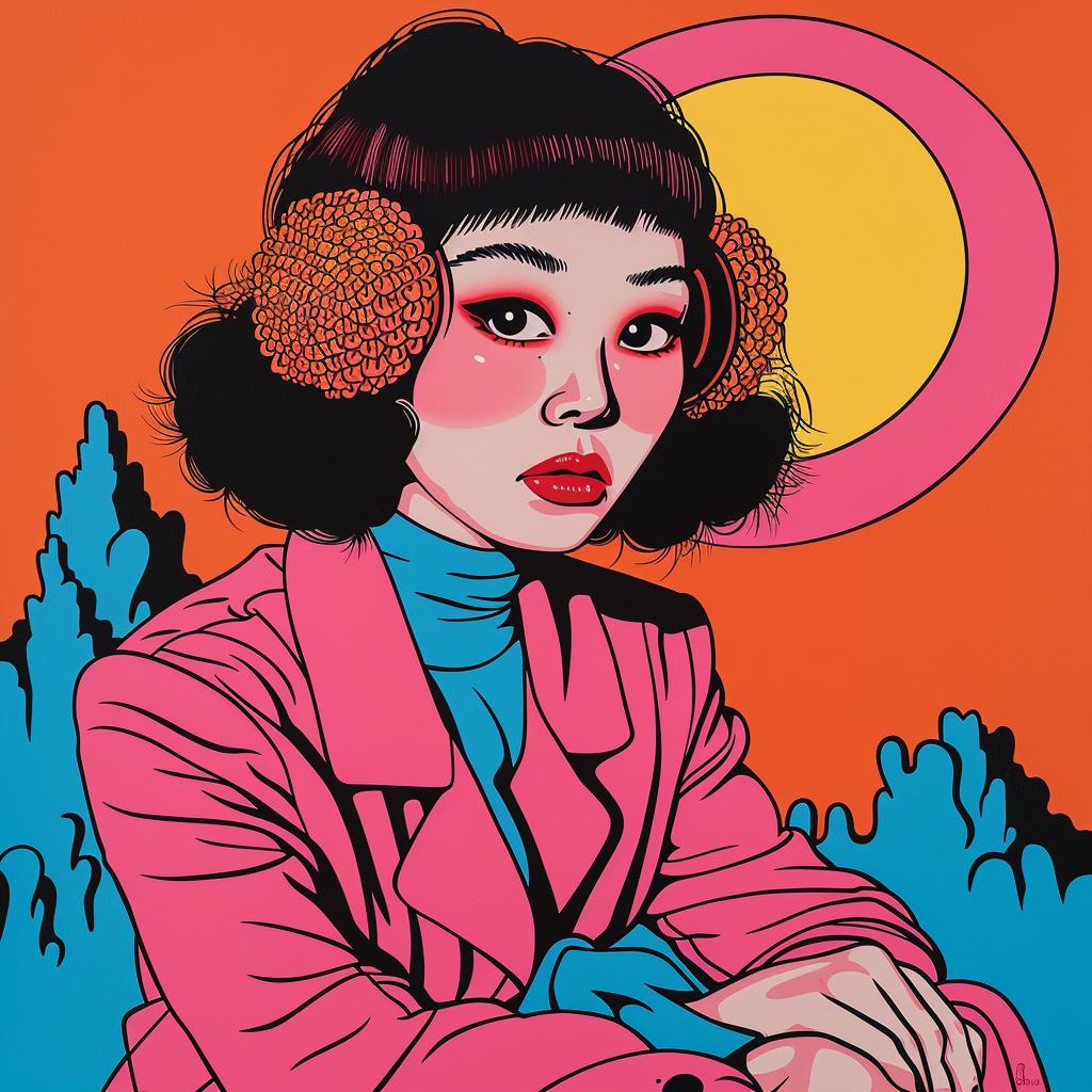 woman  pink  jacket  earphones  surreal  album  cover  art  modern  illustration 1021349