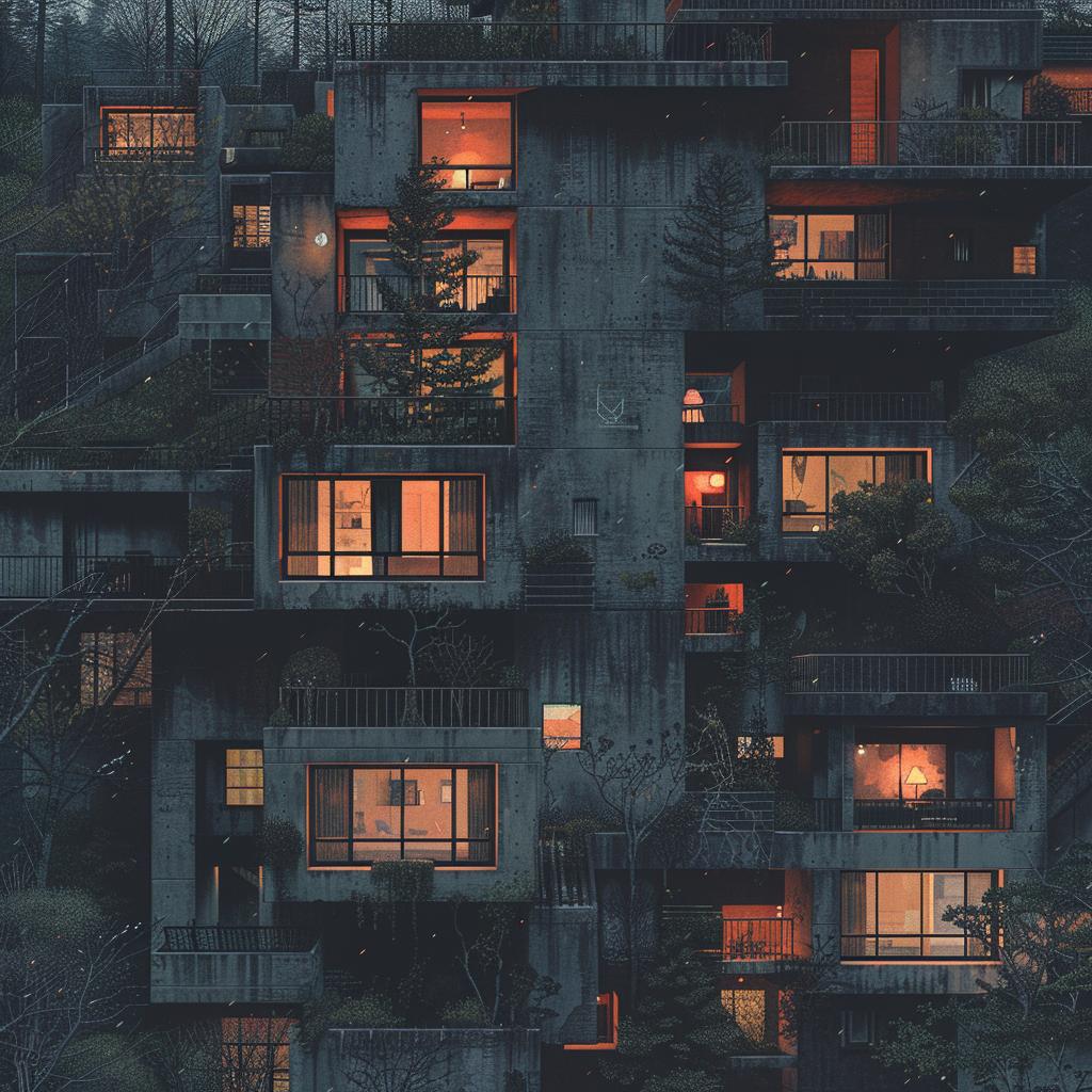بناء نوافذ التل تصميم جرافيكي محوري رسم حضري فن داكن 969304