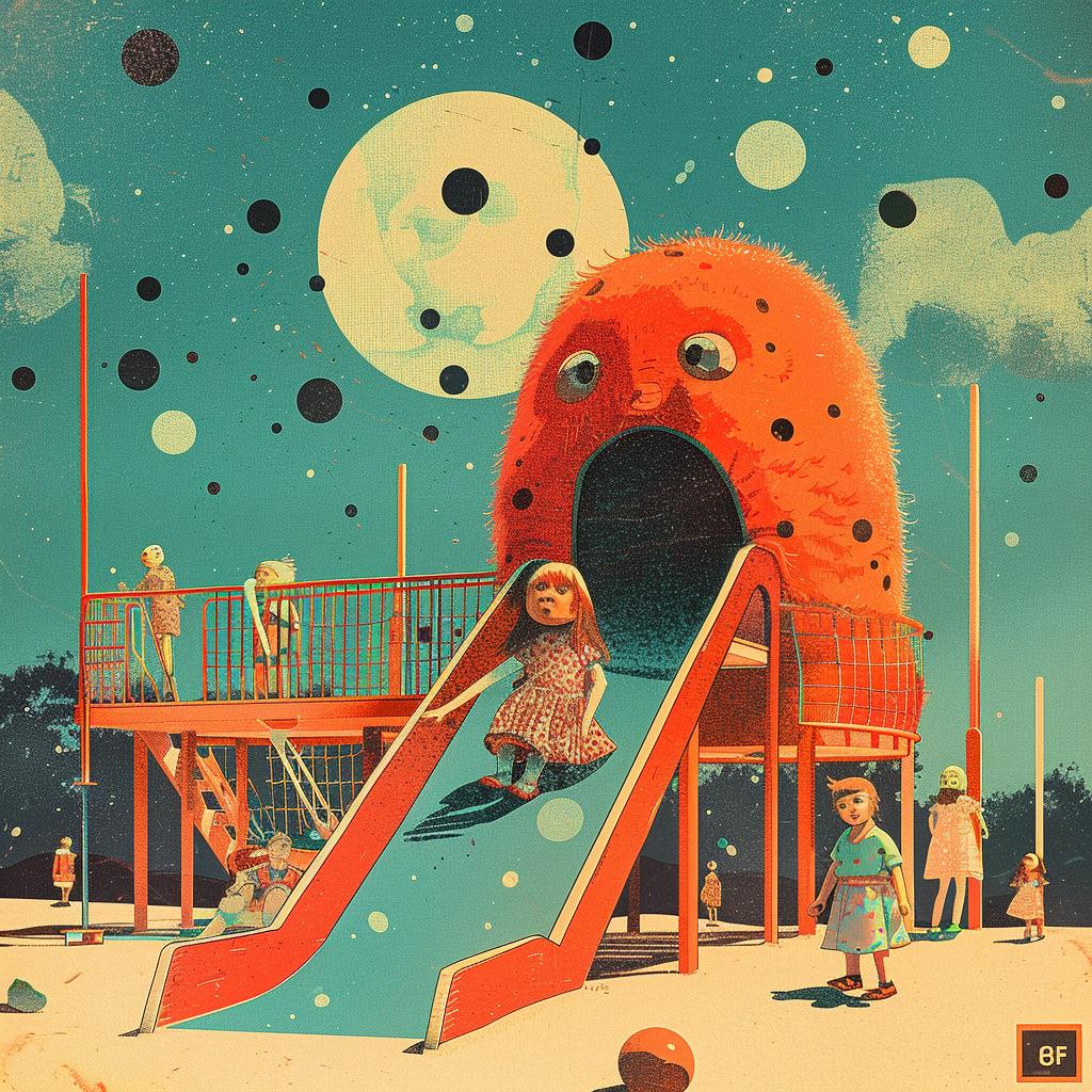 playground  slide  monster  children  Mid-Century  art  furry  detailed  cool  colors 964223