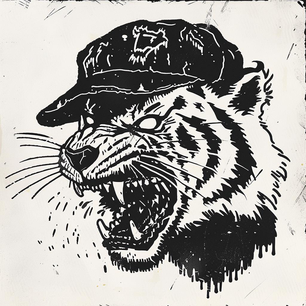 tiger  bucket  cap  vintage  comic  illustration  portrait  art  nostalgic  quirky 920519