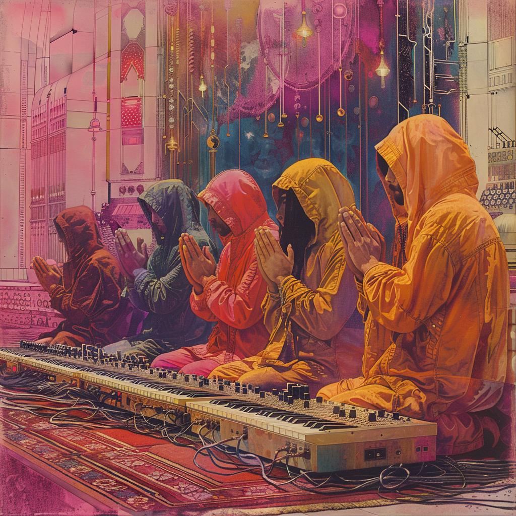 psychedelic  70s  worshipers  synthesizer  colorful  kneeling  art  spiritual  music  vibrant 1029022