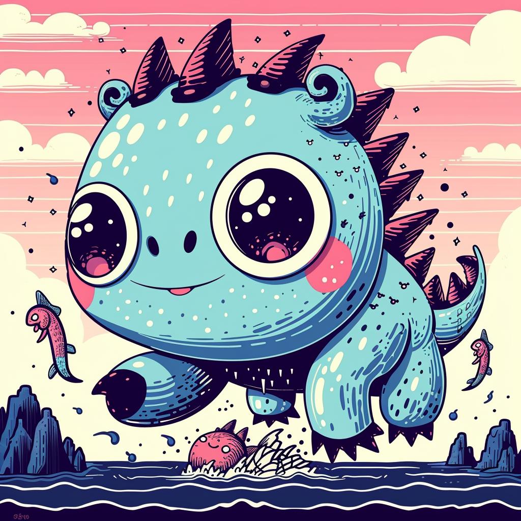 creature  dinosaur  cute  big  eyes  illustration  Japanese  whimsy  fantasy  chromolithography 945819
