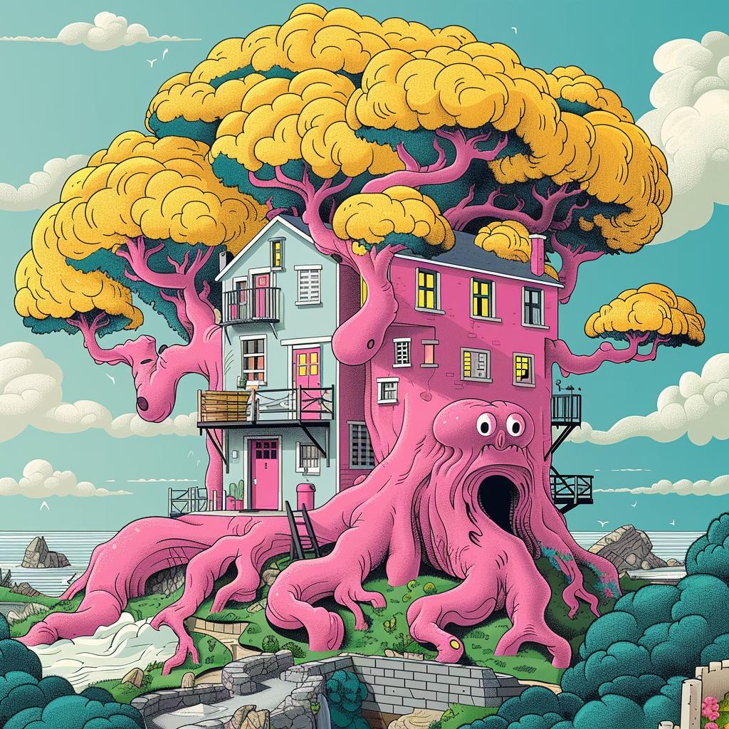cartoon  house  tree  surreal  artistic  whimsical  design  interpretation  playful  concept 923826