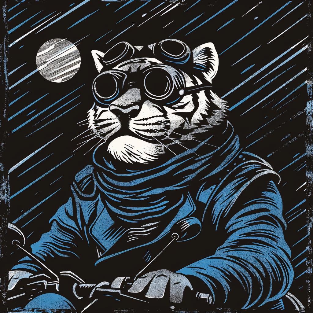 tiger  motorcycle  helmet  scarf  road  stylized  anthropomorphic  illustration  art  vintage 1026004