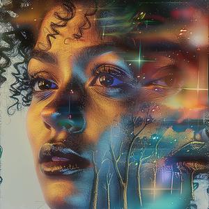 رسم لامع لامرأة ذات شعر مجعد وخلفية شجرة وصورة فنية للطبيعة 1060676