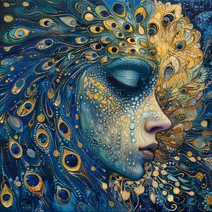 Art Nouveau  Surrealism  pointillism  woman  feathers  gold  indigo  teal  mystical  ambiance 1077189